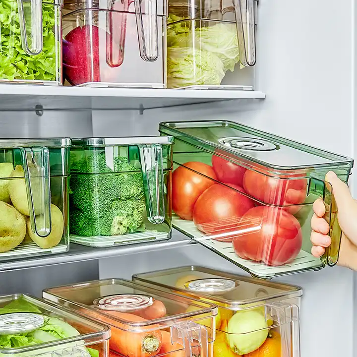 Caja de almacenamiento de refrigerador de alimentos vegetales PET de plástico apilable